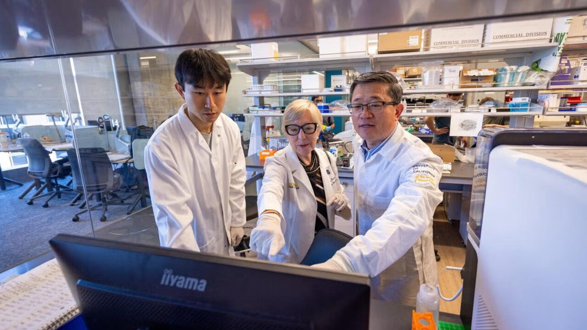 Three people in white lab coats look and point at a computer screen in front of them.