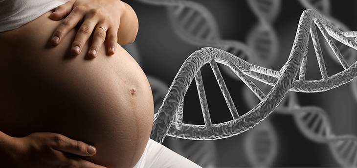 A person with a pregnant stomach holds their bump; DNA strands are in the background.